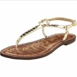 Sam Edelman Womens Gigi Thong Sandal Gold Brown Flat T-strap Animal Print Sz 11